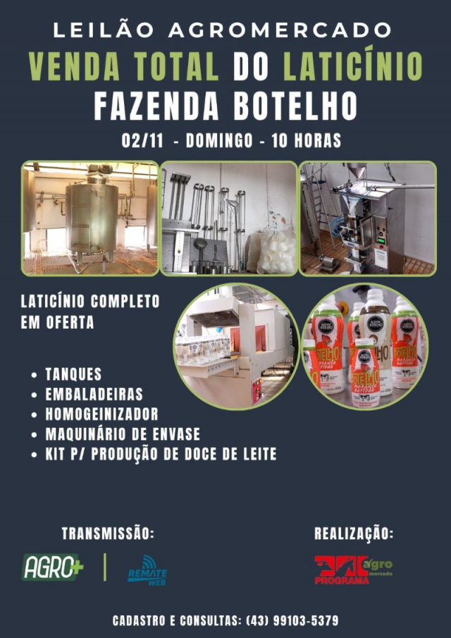 Leilão Virtual Equipamentos do Laticínio Fazenda Botelho