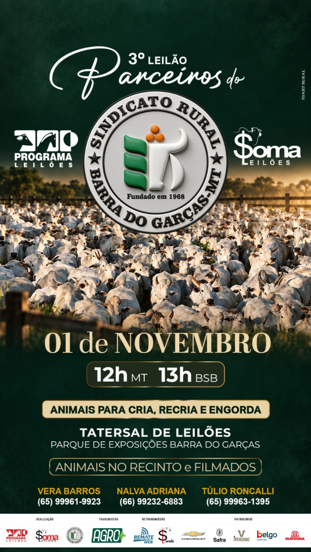 3° Leilão Parceiros do Sindicato Rural - Barra dos Garças