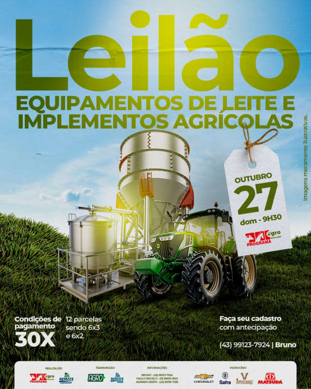 Leilão Virtual - Equipamentos de Leite e Implementos Agricolas