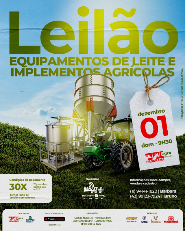 Leilão Virtual Equipamentos de Leite e Implementos Agricolas